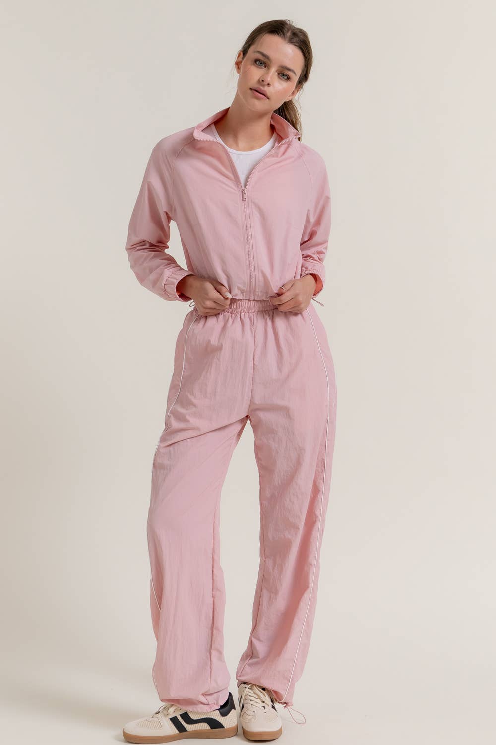 Anorak Fabric Side Piping Track Pants with Opening Stopper