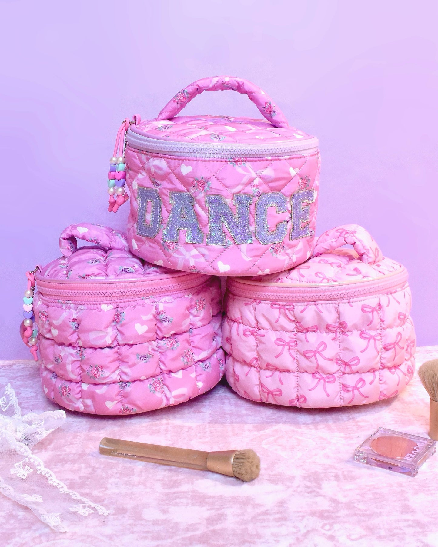 'DANCE' Floral Bow Quilted Scrunchies Round Glam Bag
