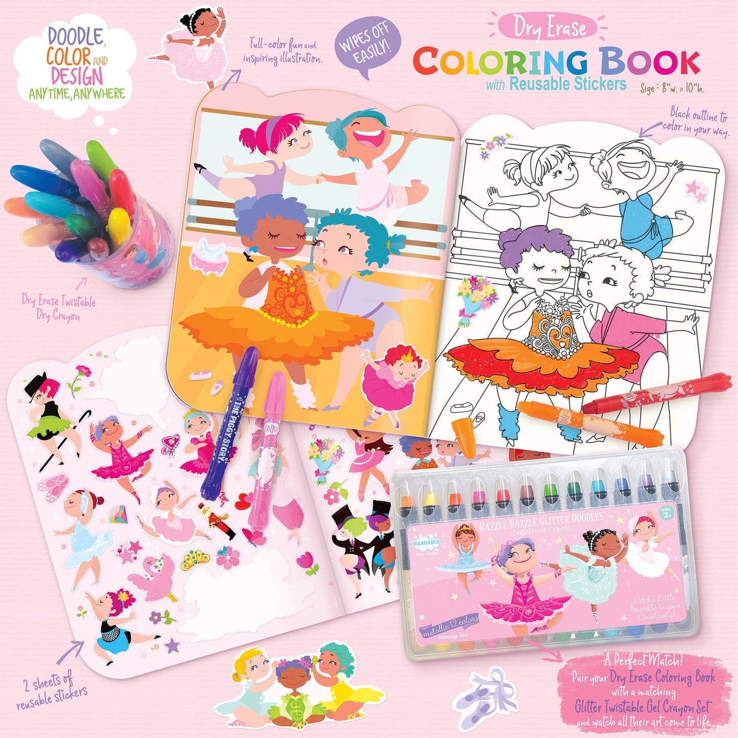 The Piggy Story Dry Erase Reusable Coloring Book with Stickers | Ballet