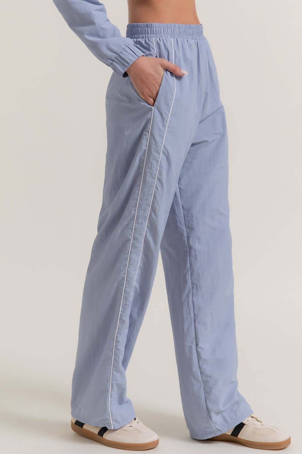 Anorak Fabric Side Piping Track Pants with Opening Stopper