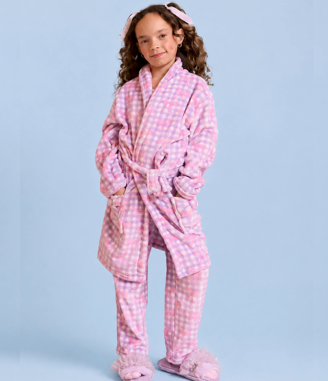 Fleece Gingham Bow Printed Cozy Bathrobe