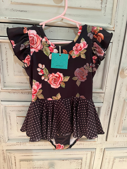 Leo Luvs Black Floral Skirted Leotard