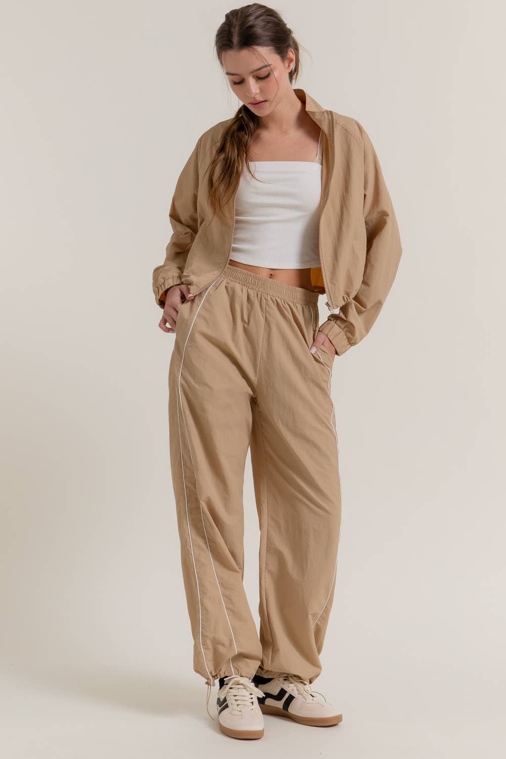 Anorak Fabric Side Piping Track Pants with Opening Stopper