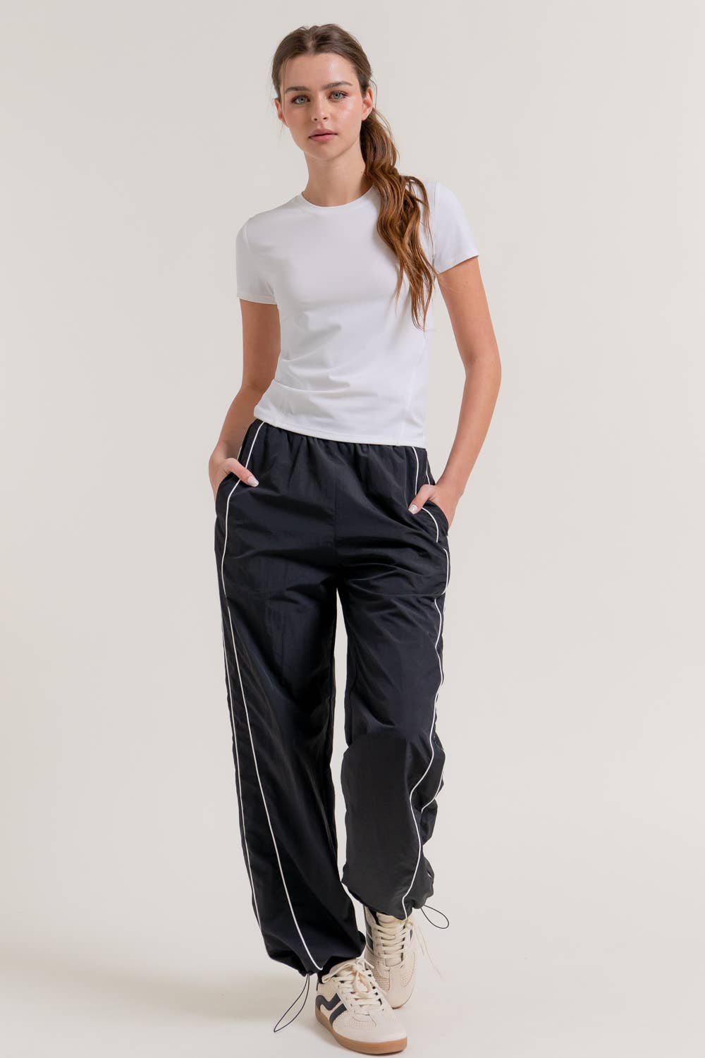 Anorak Fabric Side Piping Track Pants with Opening Stopper