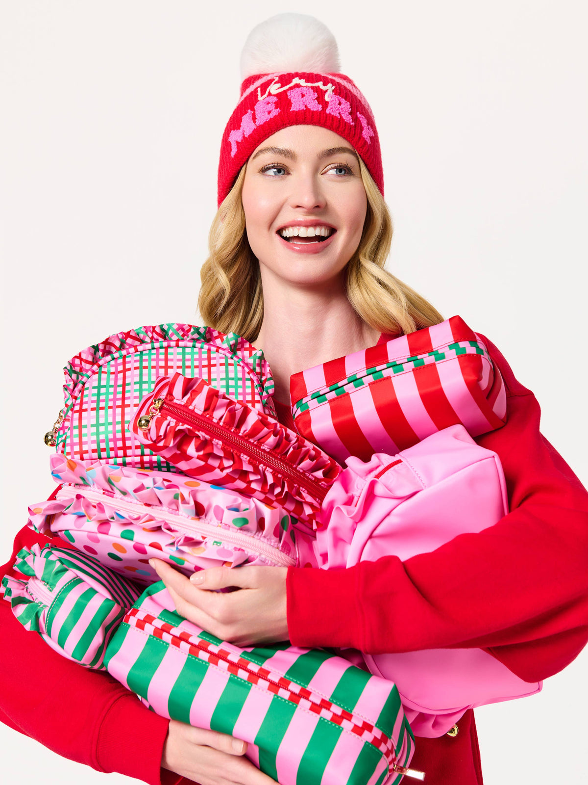 SOLID RUFFLE LARGE ZIP POUCH, PINK
