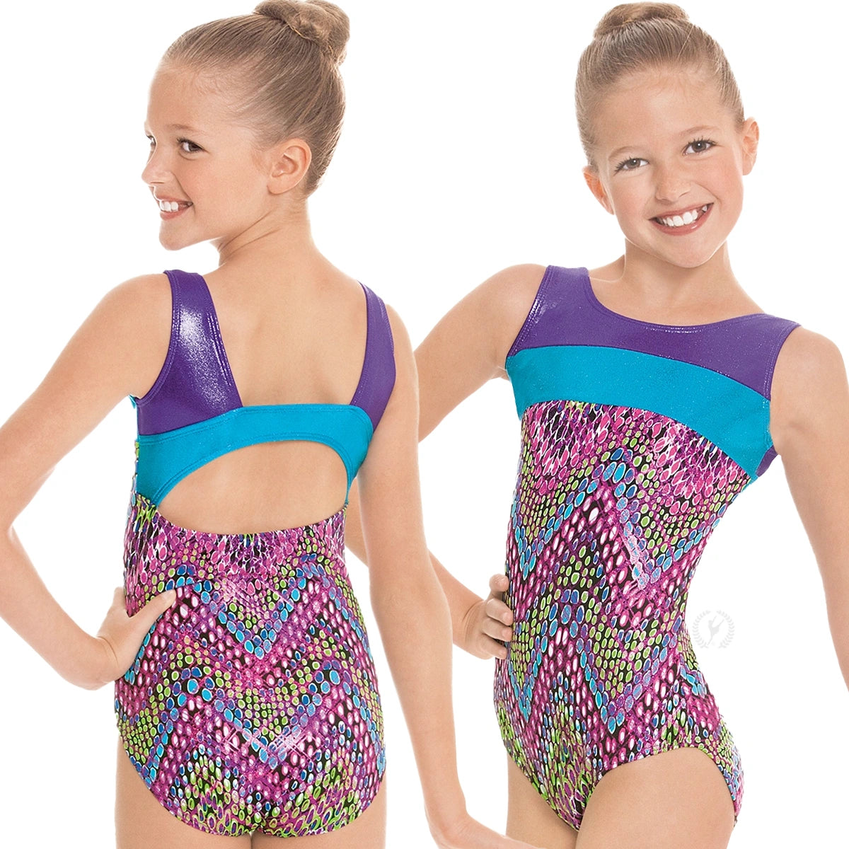 Eurotard Girls Dizzy Dots Two Tone Metallic Foil Gymnastics Leotard with Keyhole Back
