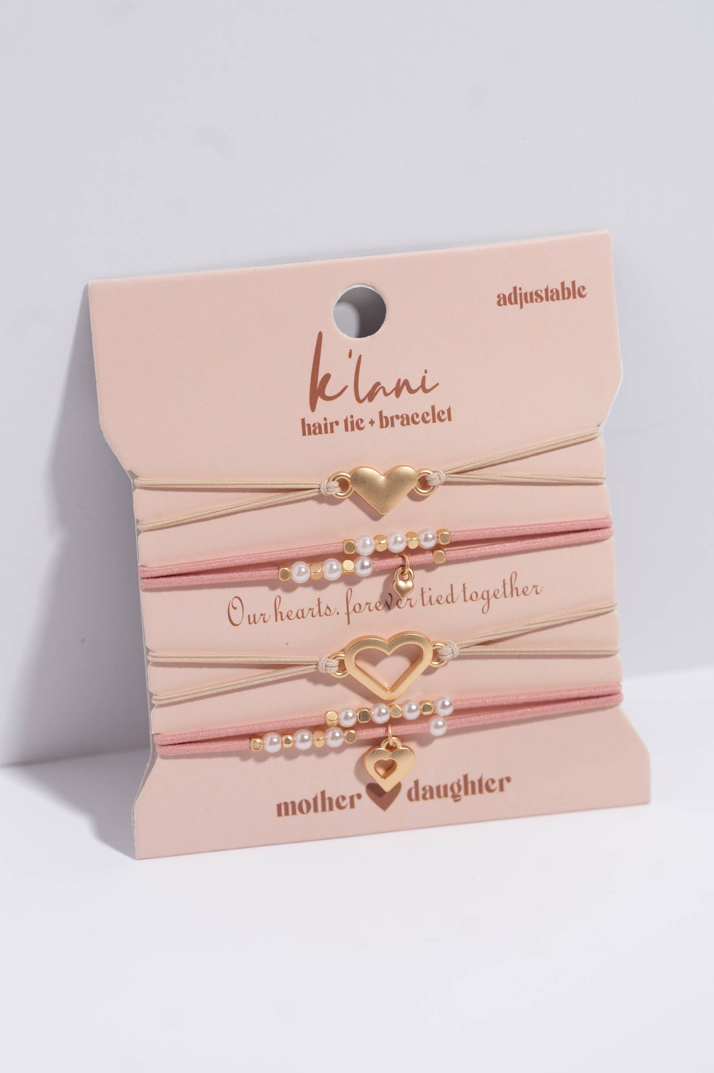 k'lani "Mother / Daughter" Pink with Pearls and Gold Hearts Shareable Hair Tie Bracelets