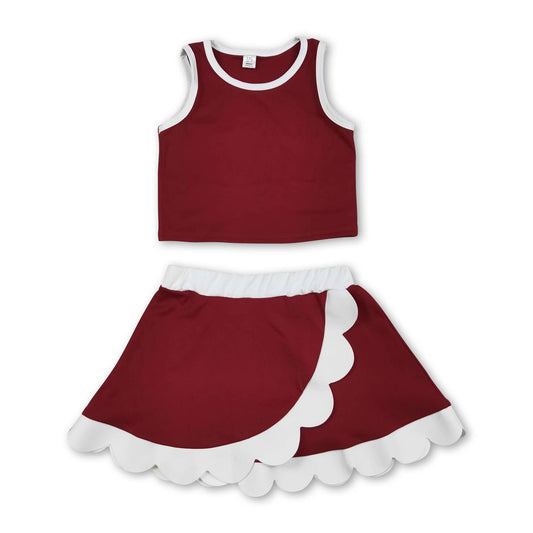 Sleeveless maroon white scallop girls team active wear set