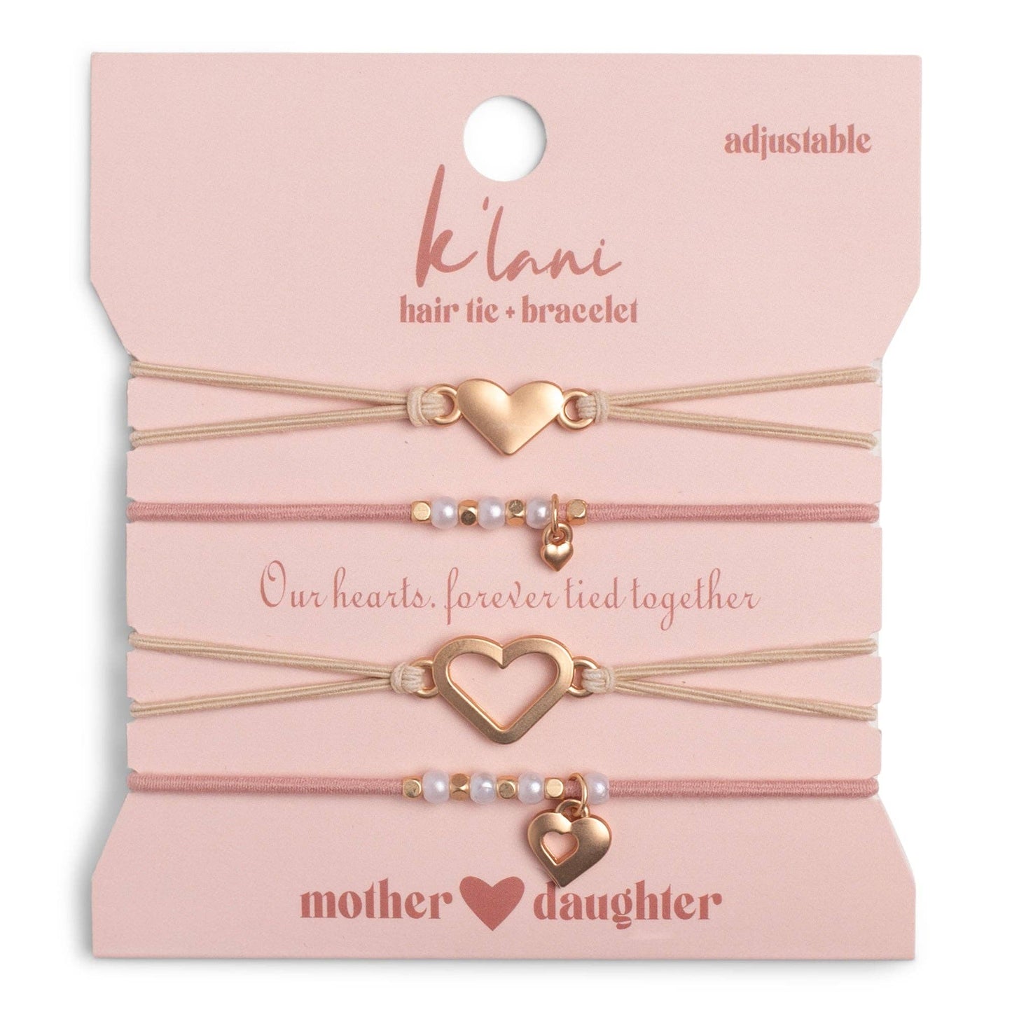 k'lani "Mother / Daughter" Pink with Pearls and Gold Hearts Shareable Hair Tie Bracelets