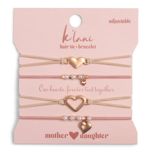 k'lani "Mother / Daughter" Pink with Pearls and Gold Hearts Shareable Hair Tie Bracelets