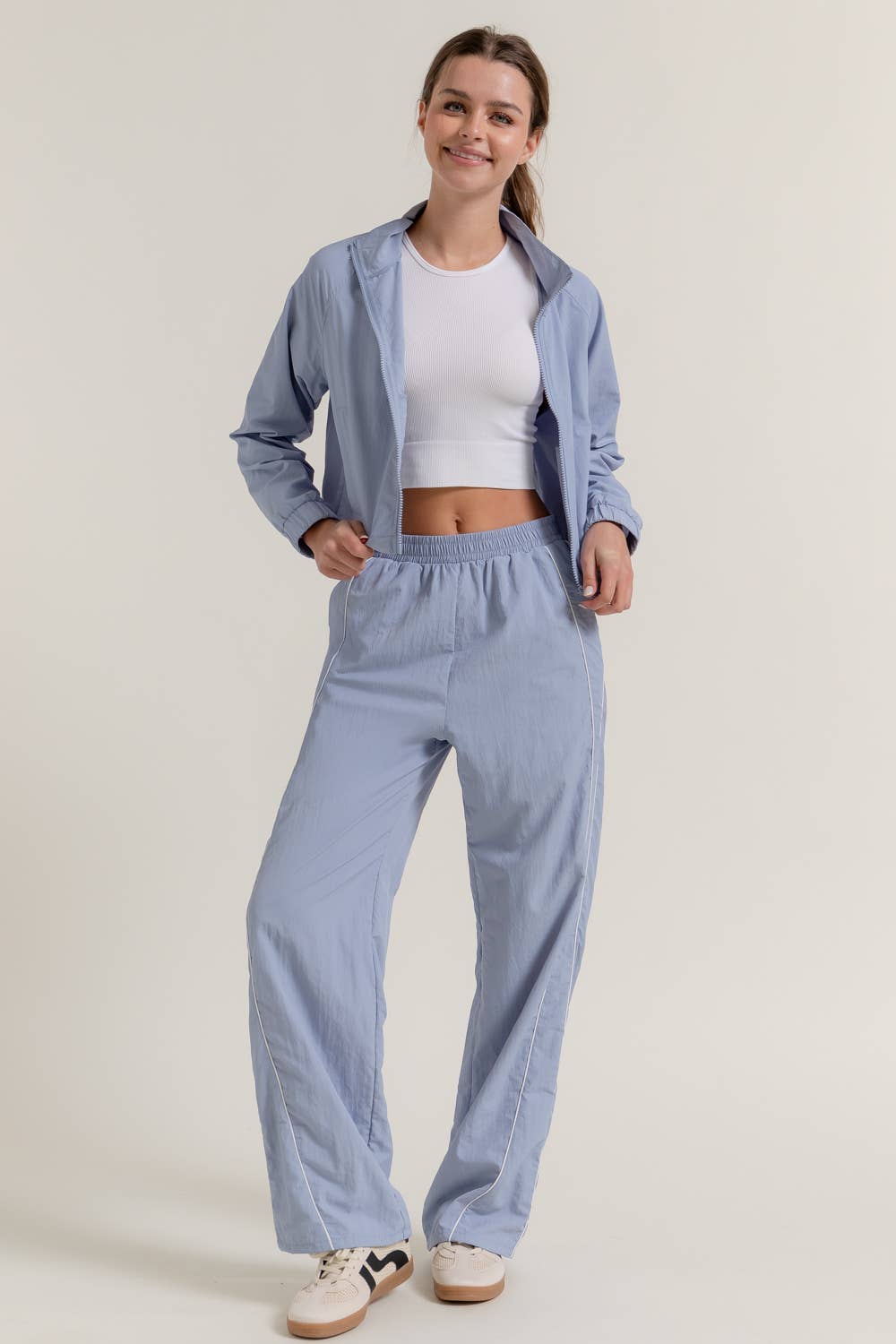 Anorak Fabric Side Piping Track Pants with Opening Stopper
