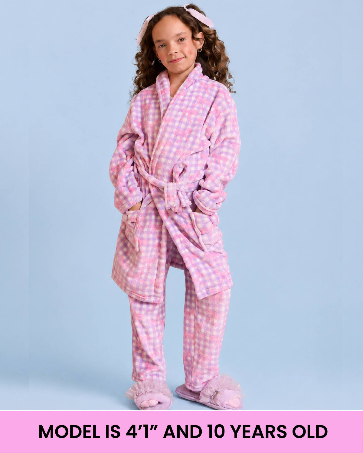 Fleece Gingham Bow Printed Cozy Bathrobe