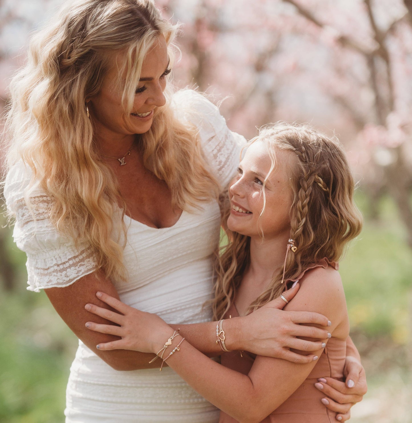 k'lani "Mother / Daughter" Pink with Pearls and Gold Hearts Shareable Hair Tie Bracelets