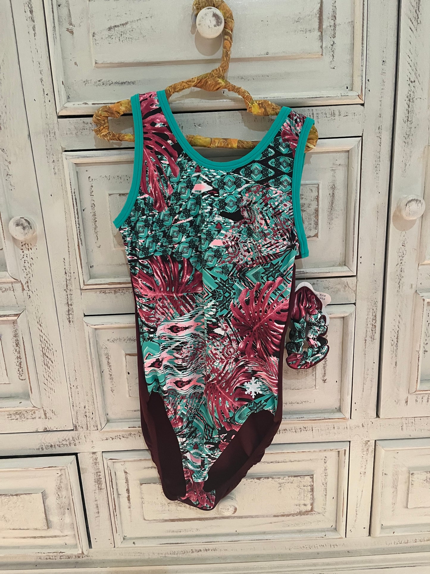 Snowflake Designs Teal and Burgundy Patterned Gymnastics Leotard - Adult
