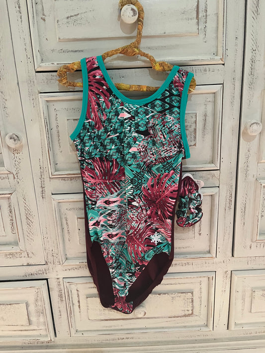 Snowflake Designs Teal and Burgundy Patterned Gymnastics Leotard - Adult