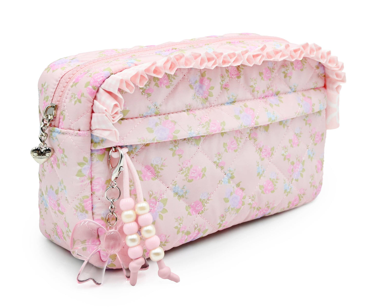 Quilted Floral Printed Pouch with Charm