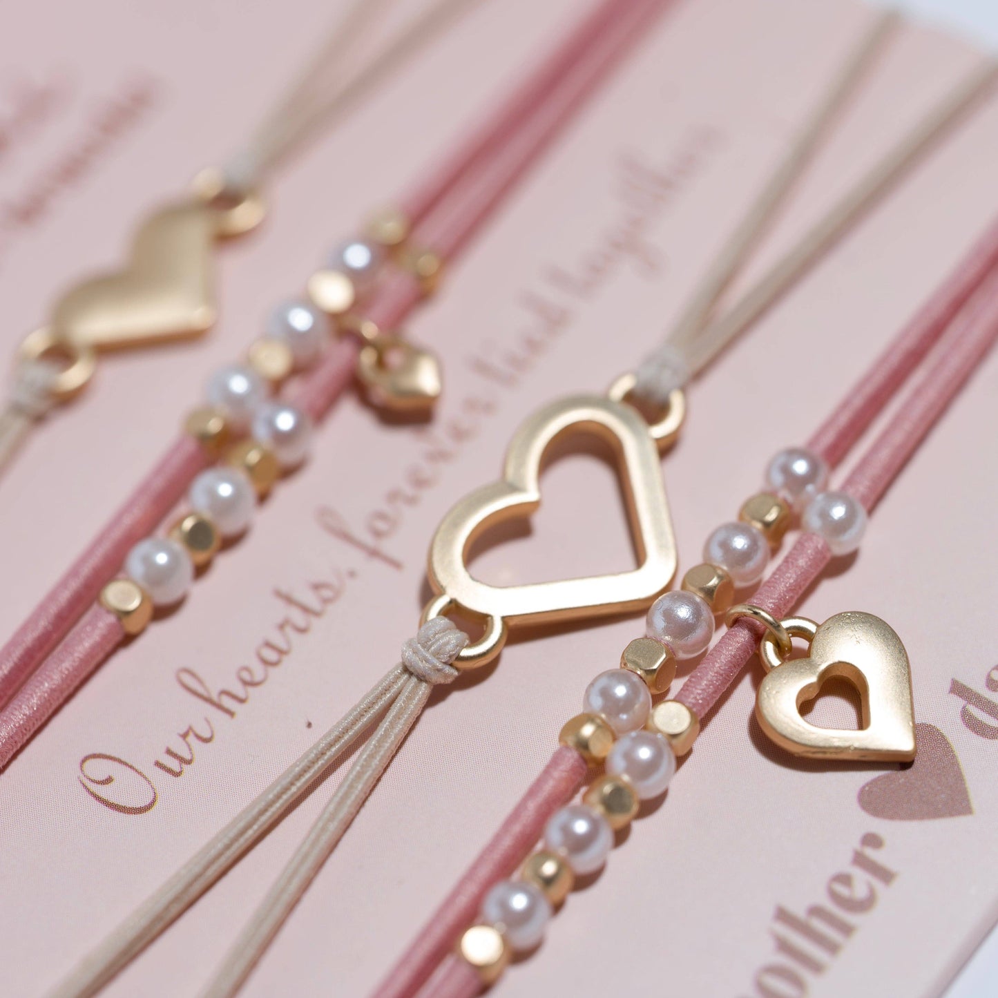 k'lani "Mother / Daughter" Pink with Pearls and Gold Hearts Shareable Hair Tie Bracelets