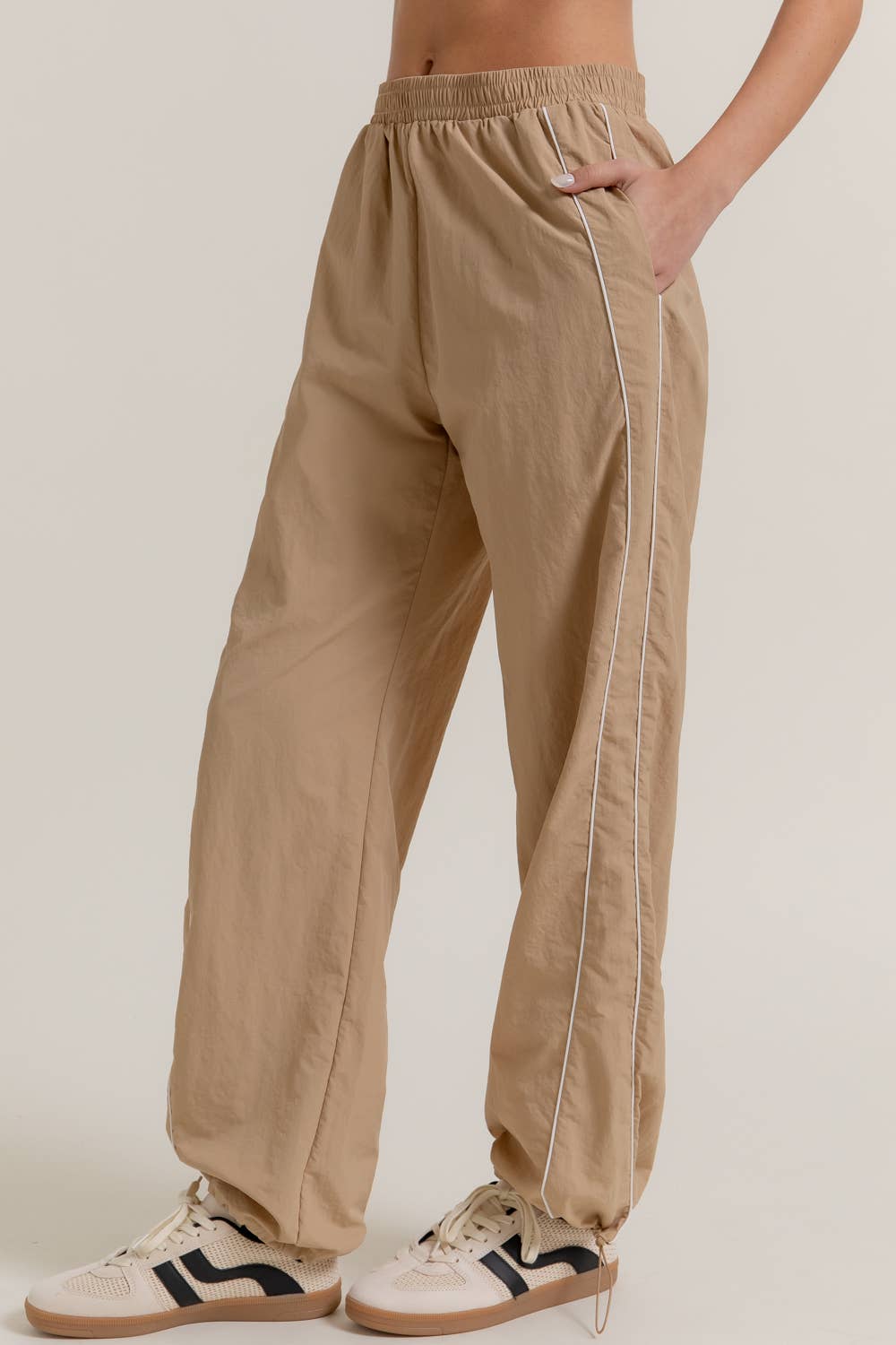 Anorak Fabric Side Piping Track Pants with Opening Stopper