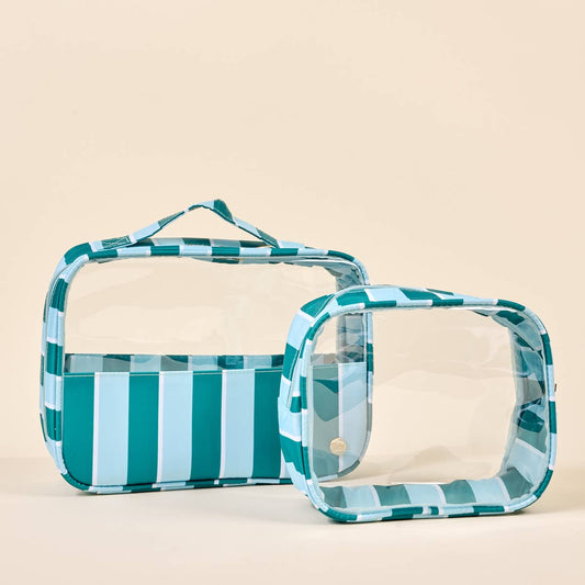 The Darling Effect Clearly Chic Cosmetic Bag Set–Sicily Stripes Teal