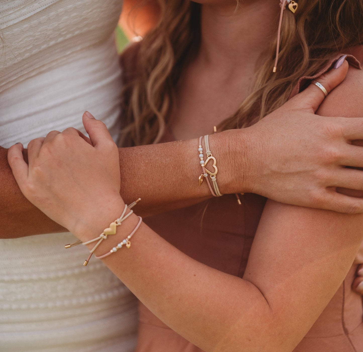 k'lani "Mother / Daughter" Pink with Pearls and Gold Hearts Shareable Hair Tie Bracelets
