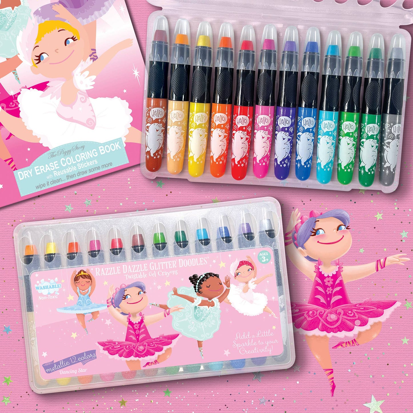 The Piggy Story Dancing Star Glitter Doodle Twistable Gel Crayons for Kids