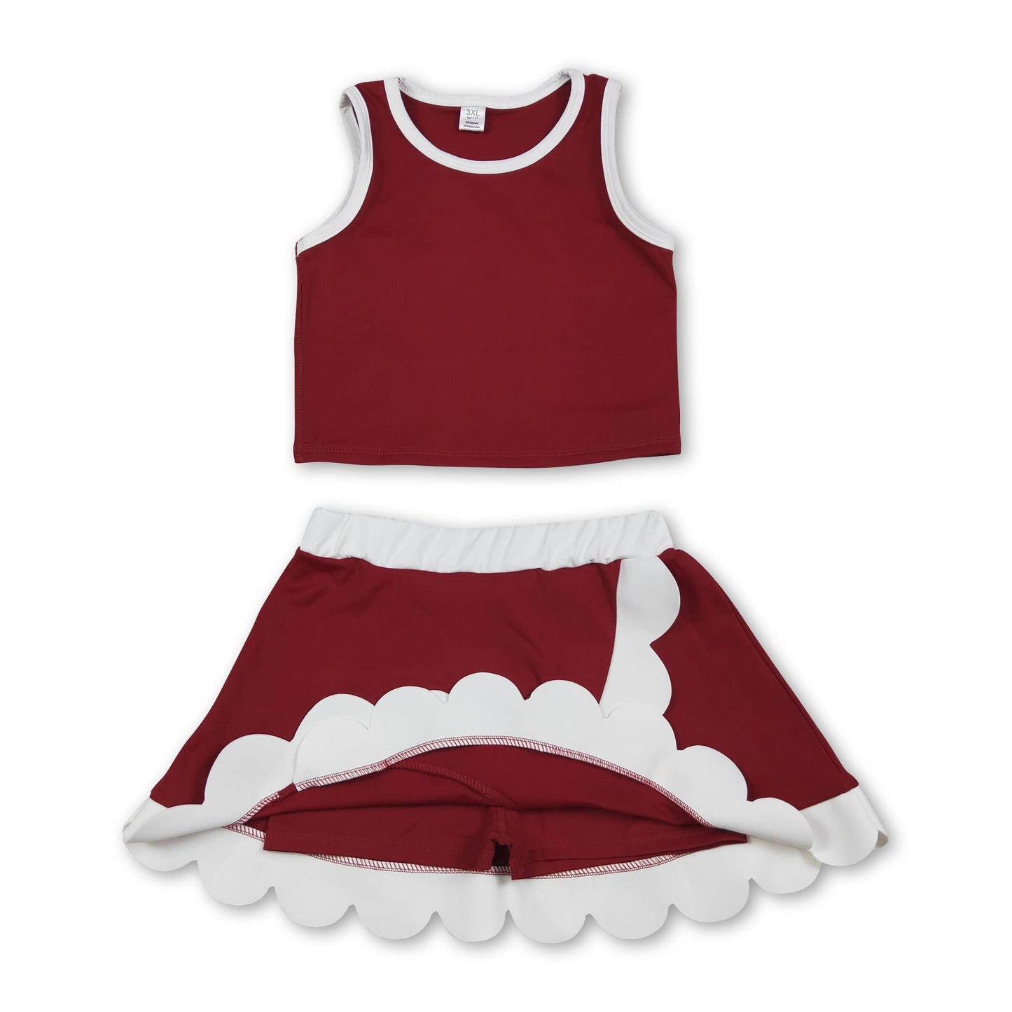 Sleeveless maroon white scallop girls team active wear set